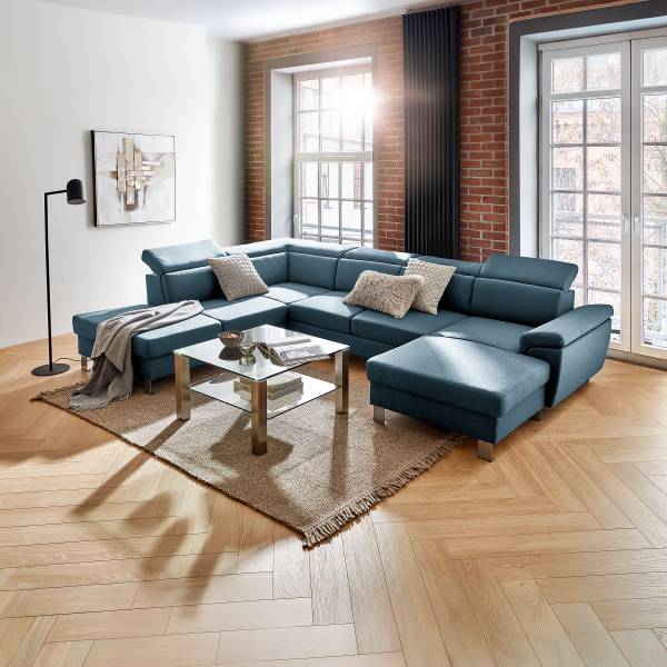 Divano letto panoramico Kenic Tessuto Rigani: blu - Longchair preimpostata a destra / penisola a sinistra