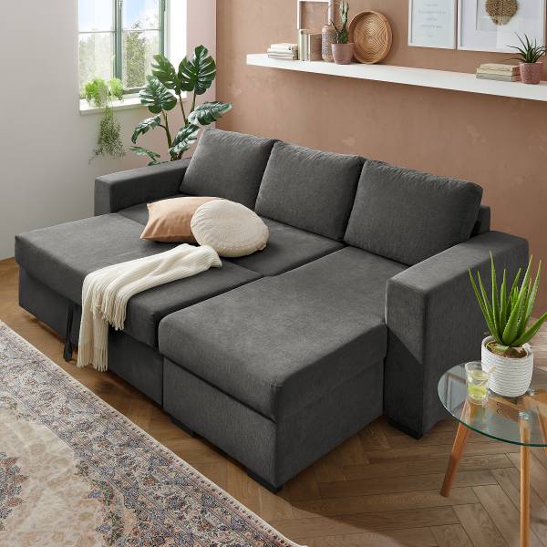 Ecksofa Lazos mit Schlaffunktion Webstoff Maris: Anthrazit