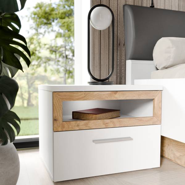 Nachtkommode Mazanil Weiß / Eiche Mauvella Dekor