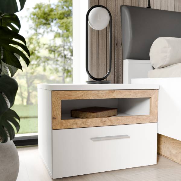 Nachtkommode Mazanil Weiß / Eiche Mauvella Dekor