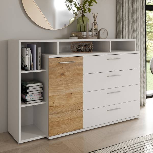 Kommode Mazanil Weiß / Eiche Mauvella Dekor