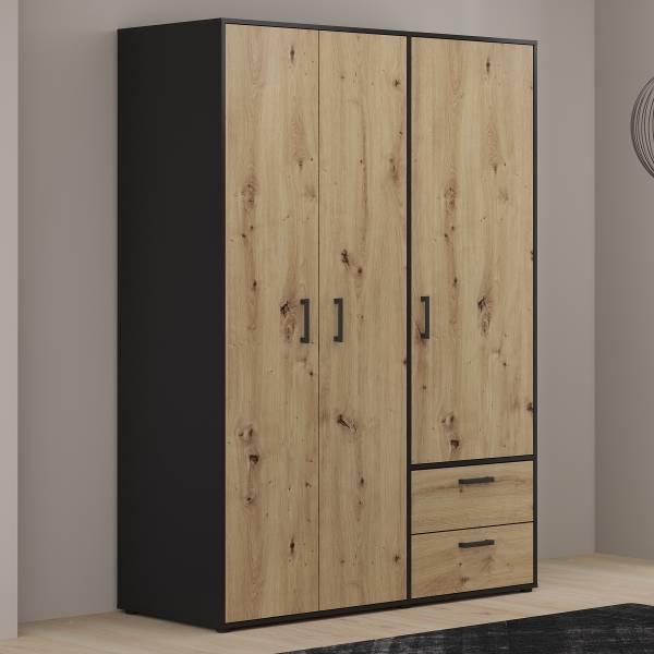 Drehtürenschrank Sandora Eiche Artisan Dekor / Schwarz - Breite: 144 cm