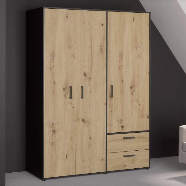 Drehtürenschrank Sandora Eiche Artisan Dekor / Schwarz - Breite: 144 cm