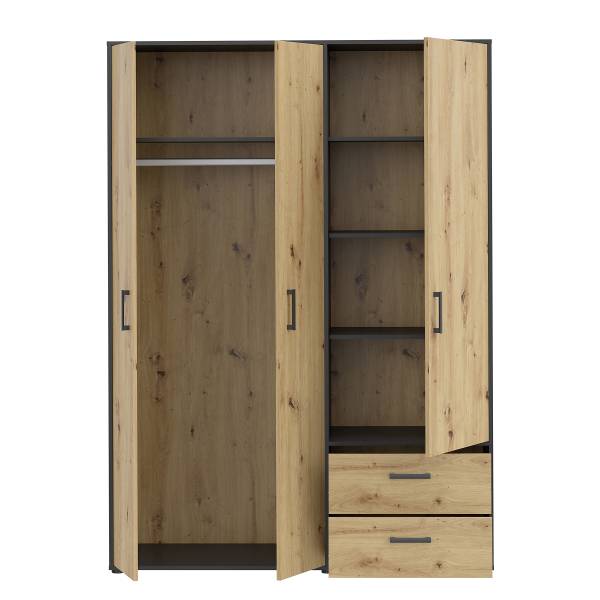 Drehtürenschrank Sandora Eiche Artisan Dekor / Schwarz - Breite: 144 cm