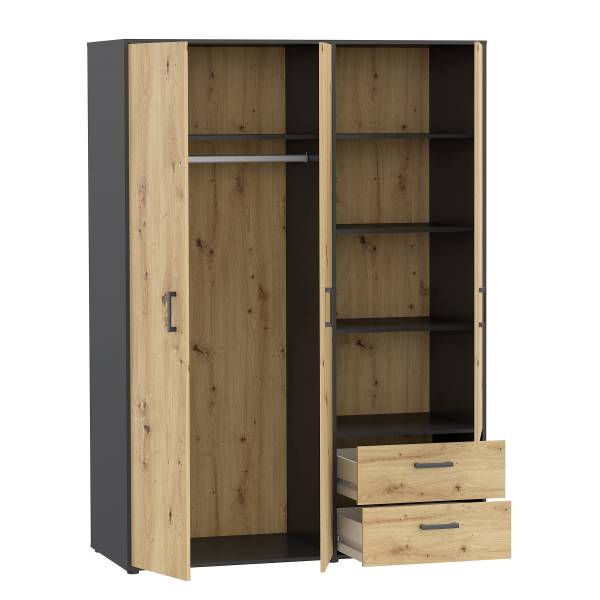 Drehtürenschrank Sandora Eiche Artisan Dekor / Schwarz - Breite: 144 cm