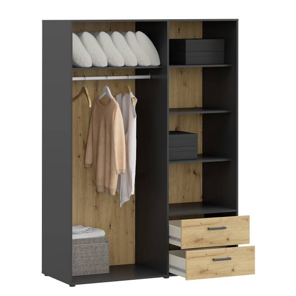 Drehtürenschrank Sandora Eiche Artisan Dekor / Schwarz - Breite: 144 cm