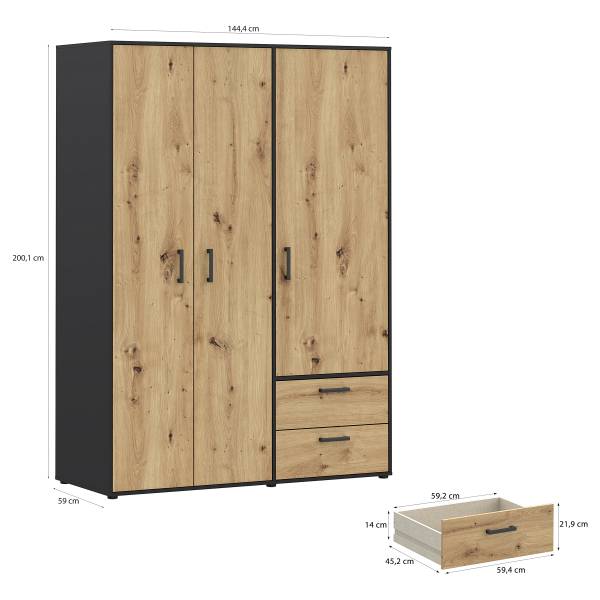 Drehtürenschrank Sandora Eiche Artisan Dekor / Schwarz - Breite: 144 cm