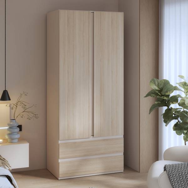 Drehtürenschrank Kalumi mit Schubladen Eiche Hell Dekor / Kaschmir