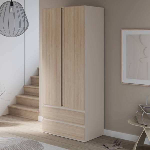 Drehtürenschrank Kalumi mit Schubladen Eiche Hell Dekor / Kaschmir