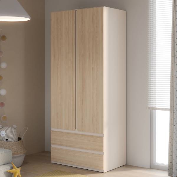 Drehtürenschrank Kalumi mit Schubladen Eiche Hell Dekor / Kaschmir