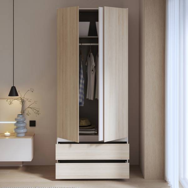 Drehtürenschrank Kalumi mit Schubladen Eiche Hell Dekor / Kaschmir