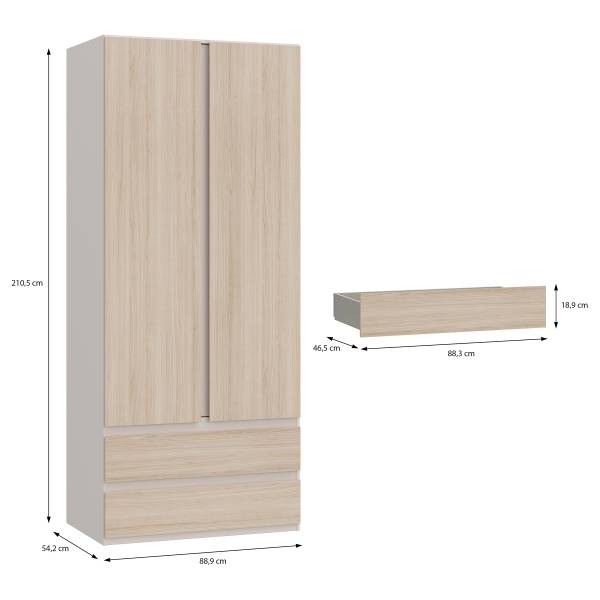 Drehtürenschrank Kalumi mit Schubladen Eiche Hell Dekor / Kaschmir