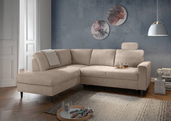 Ecksofa Vapas mit Ottomane & Funktion Bouclé Stoff Zofie: Sandbeige - Ottomane davorstehend links