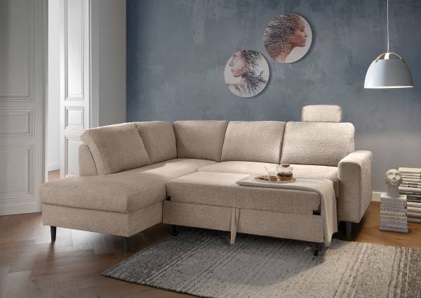 Ecksofa Vapas mit Ottomane & Funktion Bouclé Stoff Zofie: Sandbeige - Ottomane davorstehend links