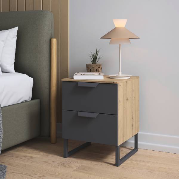Comodino Aditio Grigio metallizzato / Effetto quercia Artisan - Altezza: 53 cm - A slitta