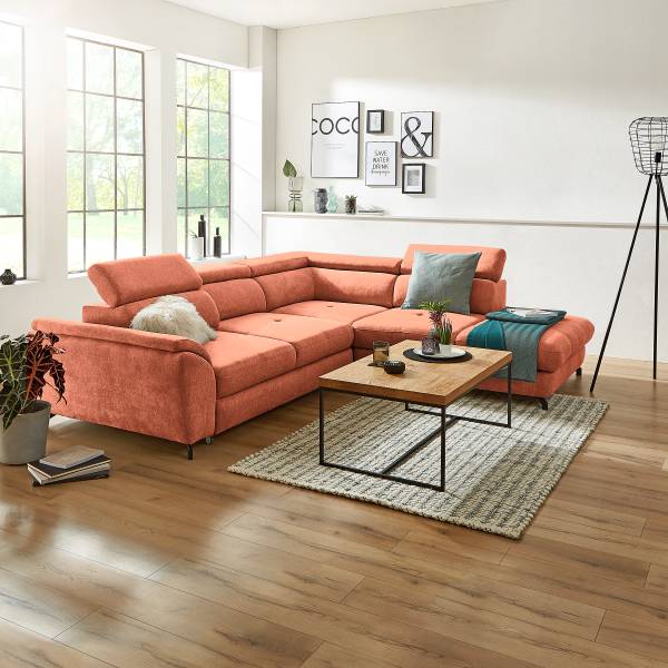 Ecksofa Behai mit Schlaffunktion Webstoff Pria: Apricot - Ottomane davorstehend rechts
