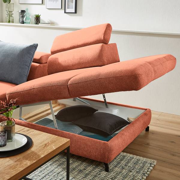 Ecksofa Behai mit Schlaffunktion Webstoff Pria: Apricot - Ottomane davorstehend rechts