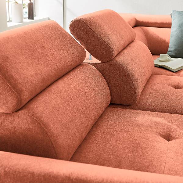 Ecksofa Behai mit Schlaffunktion Webstoff Pria: Apricot - Ottomane davorstehend rechts