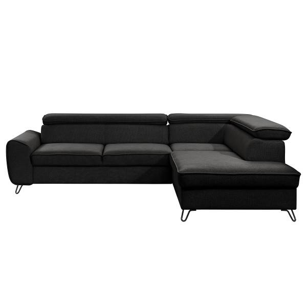 Ecksofa Bodam mit Schlaffunktion Strukturstoff Cully: Schwarz - Ottomane davorstehend rechts