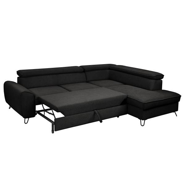 Ecksofa Bodam mit Schlaffunktion Strukturstoff Cully: Schwarz - Ottomane davorstehend rechts