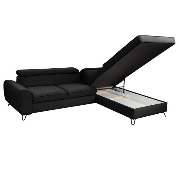 Ecksofa Bodam mit Schlaffunktion Strukturstoff Cully: Schwarz - Ottomane davorstehend rechts