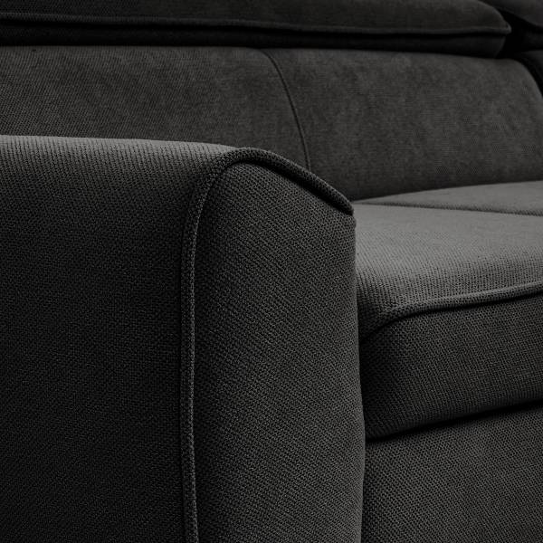 Ecksofa Bodam mit Schlaffunktion Strukturstoff Cully: Schwarz - Ottomane davorstehend rechts