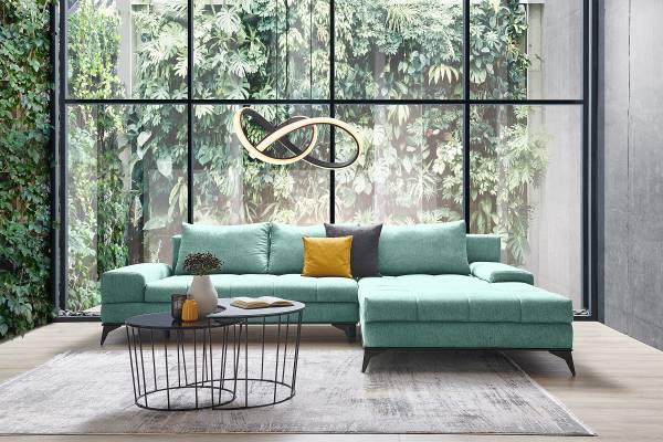 Ecksofa Sapam mit Schlaffunktion Webstoff Pria: Mint - Longchair davorstehend rechts