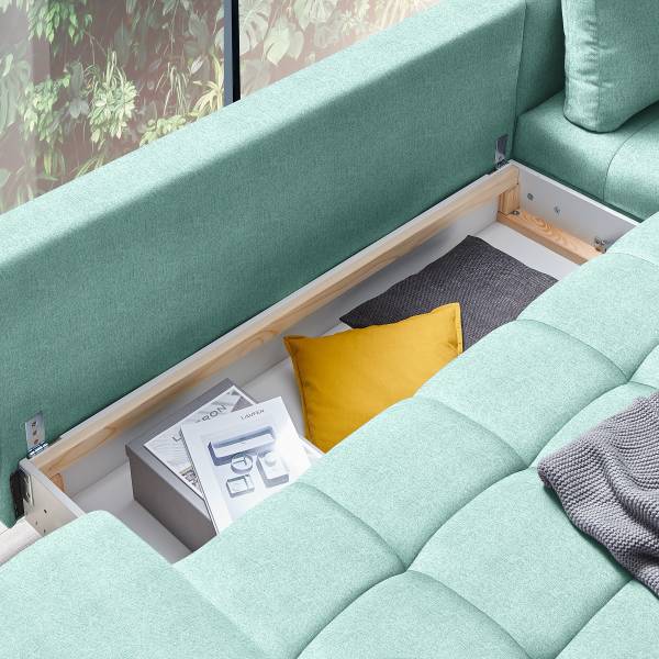 Ecksofa Sapam mit Schlaffunktion Webstoff Pria: Mint - Longchair davorstehend rechts