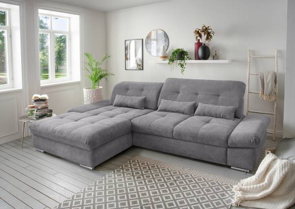 Ecksofa Bawor mit Schlaffunktion Webstoff Jimin: Dunklegrau - Longchair davorstehend links