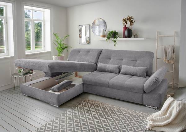 Ecksofa Bawor mit Schlaffunktion Webstoff Jimin: Dunklegrau - Longchair davorstehend links
