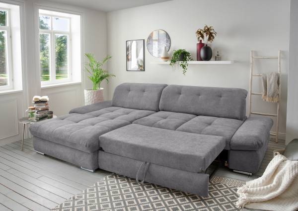 Ecksofa Bawor mit Schlaffunktion Webstoff Jimin: Dunklegrau - Longchair davorstehend links