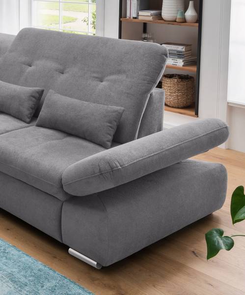 Ecksofa Bawor mit Schlaffunktion Webstoff Jimin: Dunklegrau - Longchair davorstehend links