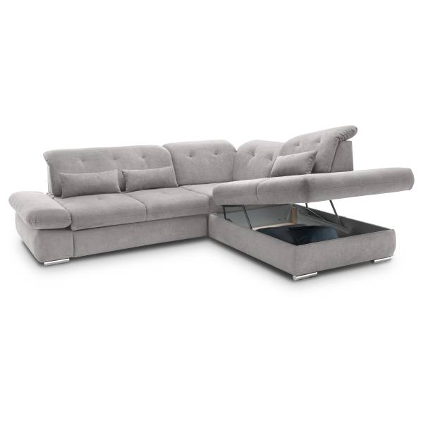 Ecksofa Bawor mit Ottomane & Funktion Webstoff Jimin: Grau - Ottomane davorstehend rechts