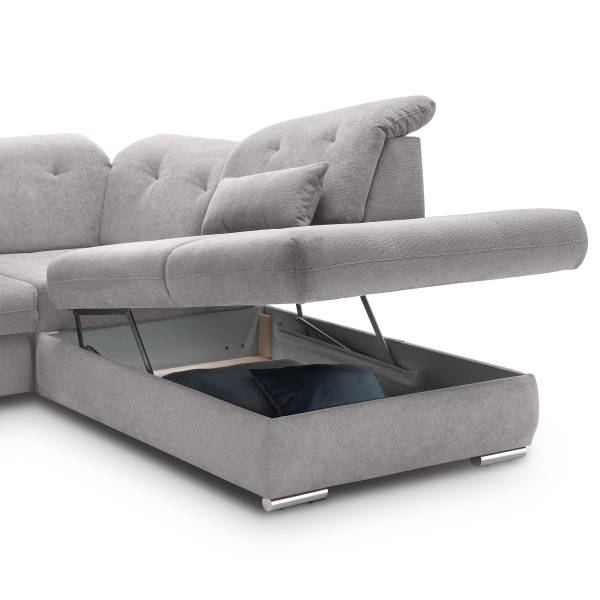 Ecksofa Bawor mit Ottomane & Funktion Webstoff Jimin: Grau - Ottomane davorstehend rechts