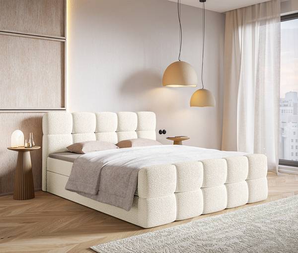 Boxspringbett Cloudy Bouclé Stoff Leke: Cremeweiß - 180 x 200cm