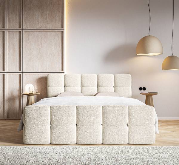 Boxspringbett Cloudy Bouclé Stoff Leke: Cremeweiß - 180 x 200cm