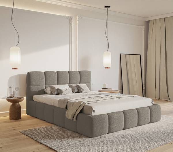 Polsterbett Cloudy Bouclé Stoff Leke: Grau - 140 x 200cm - 1 Bettkasten