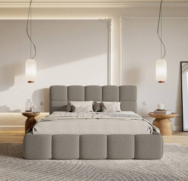 Polsterbett Cloudy Bouclé Stoff Leke: Grau - 140 x 200cm - 1 Bettkasten