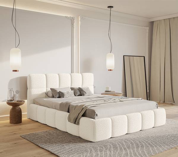 Gestoffeerd bed Cloudy Bouclé Stof Leke: crèmekleurig - 160 x 200 cm - 1 opbergruimte