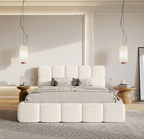 Gestoffeerd bed Cloudy Bouclé Stof Leke: crèmekleurig - 160 x 200 cm - 1 opbergruimte