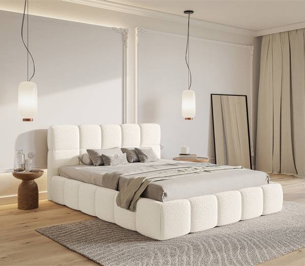 Polsterbett Cloudy Bouclé Stoff Leke: Cremeweiß - 180 x 200cm - Kein Bettkasten