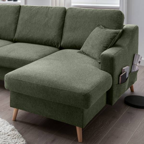Divano panoramico Jindy Tessuto Jimin: verde scuro - Longchair preimpostata a destra / penisola a sinistra