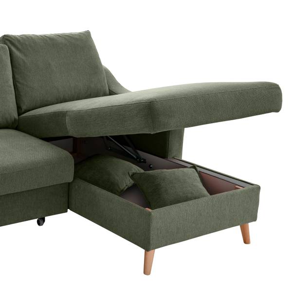 Divano panoramico Jindy Tessuto Jimin: verde scuro - Longchair preimpostata a destra / penisola a sinistra