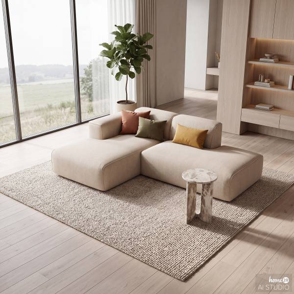 Ecksofa HUDSON mit Chaiselongue Small Webstoff Saia: Beige - Longchair davorstehend links / Ottomane rechts