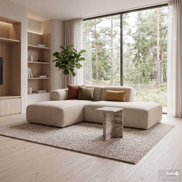 Ecksofa HUDSON mit Chaiselongue Small Webstoff Saia: Beige - Longchair davorstehend links / Ottomane rechts