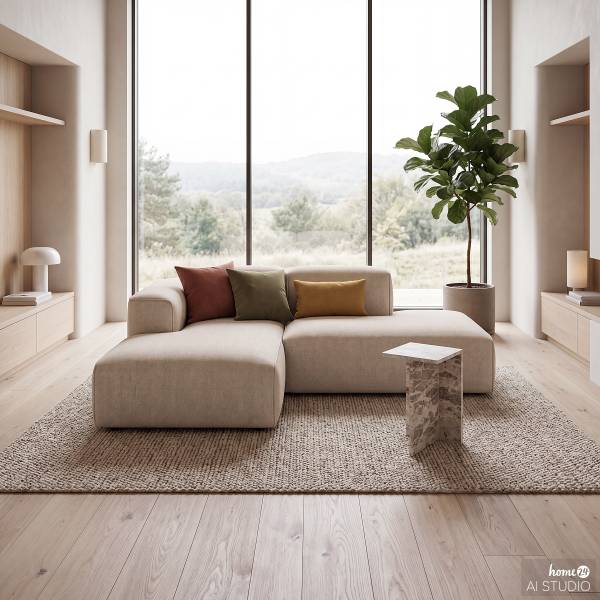 Ecksofa HUDSON mit Chaiselongue Small Webstoff Saia: Beige - Longchair davorstehend links / Ottomane rechts