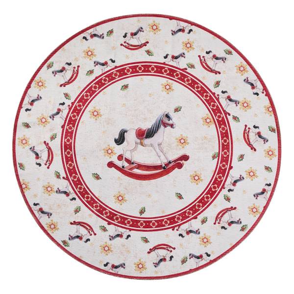 Kurzflorteppich Rocking Horse rund Polyester - Creme / Rot