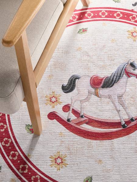 Kurzflorteppich Rocking Horse rund Polyester - Creme / Rot