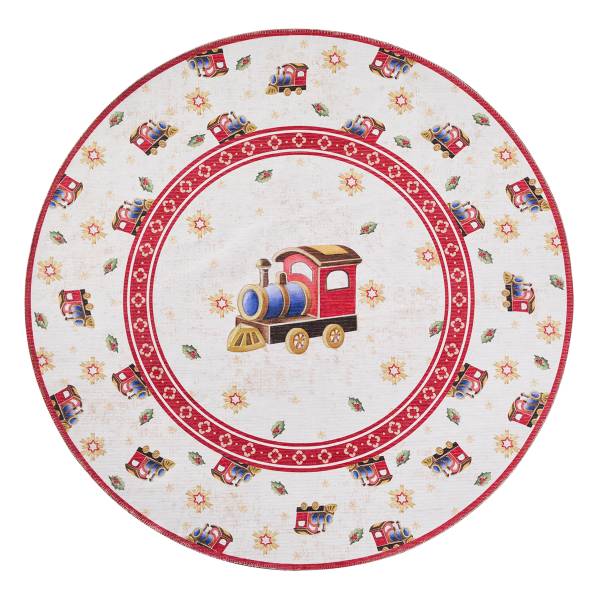 Tappeto rotondo Christmas Train Poliestere - Crema / Rosso