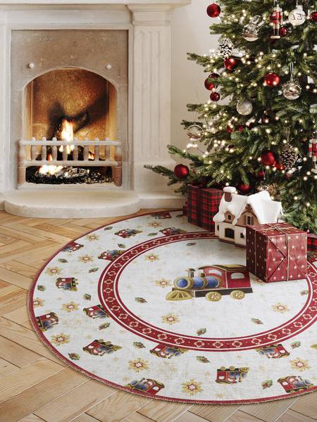 Tappeto rotondo Christmas Train Poliestere - Crema / Rosso